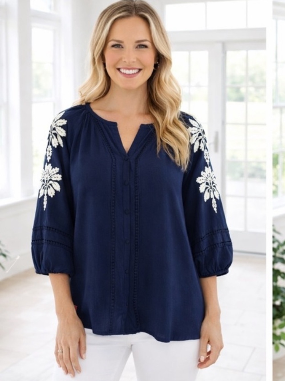 Angels Peasant Navy Blouse with White Floral Embroidery and Balloon Sleeves -S